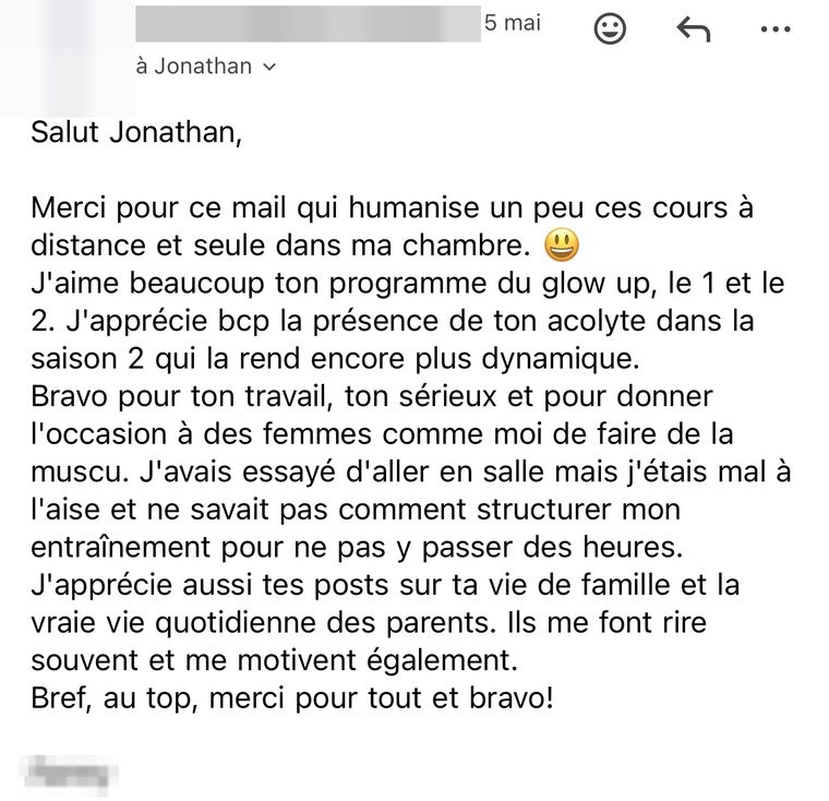Message d’une membre Glow-Up Training, nom masqué