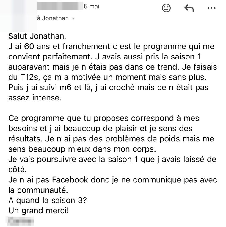 Message d’une membre Glow-Up Training, nom masqué