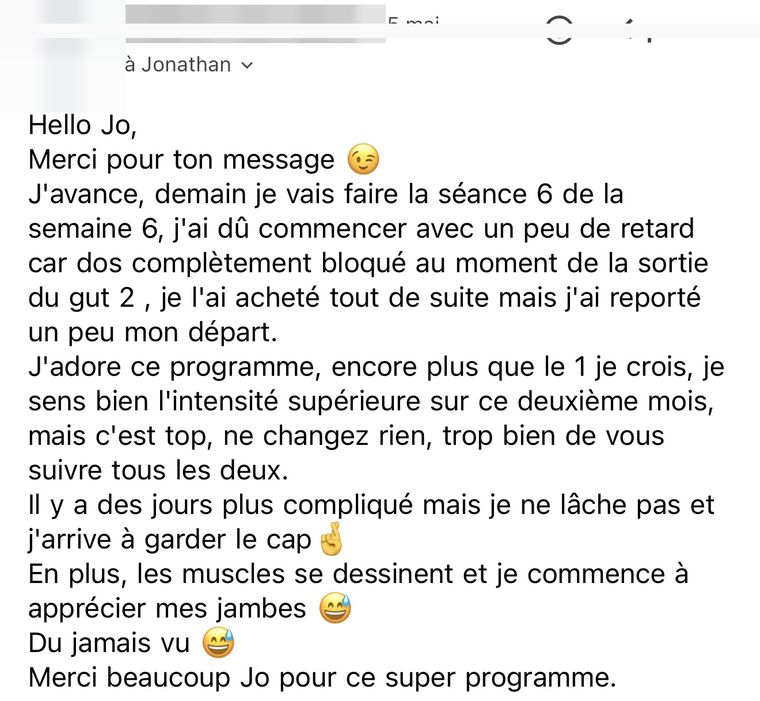 Message d’une membre Glow-Up Training, nom masqué