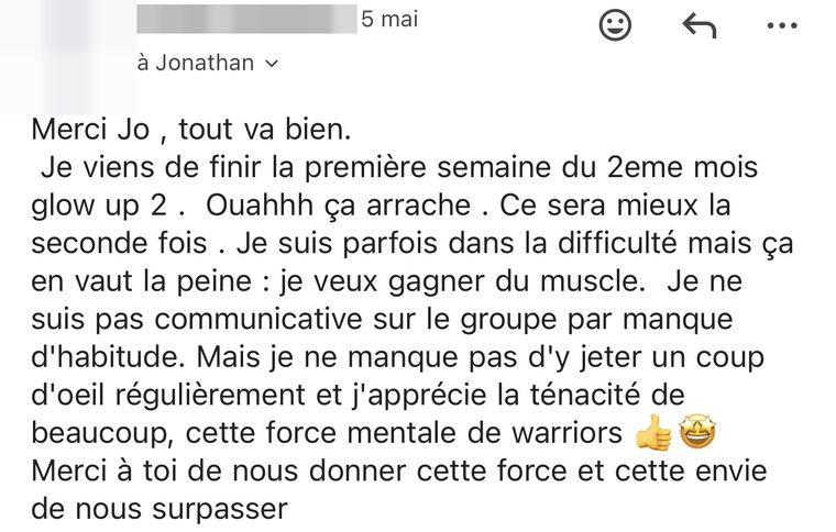Message d’une membre Glow-Up Training, nom masqué