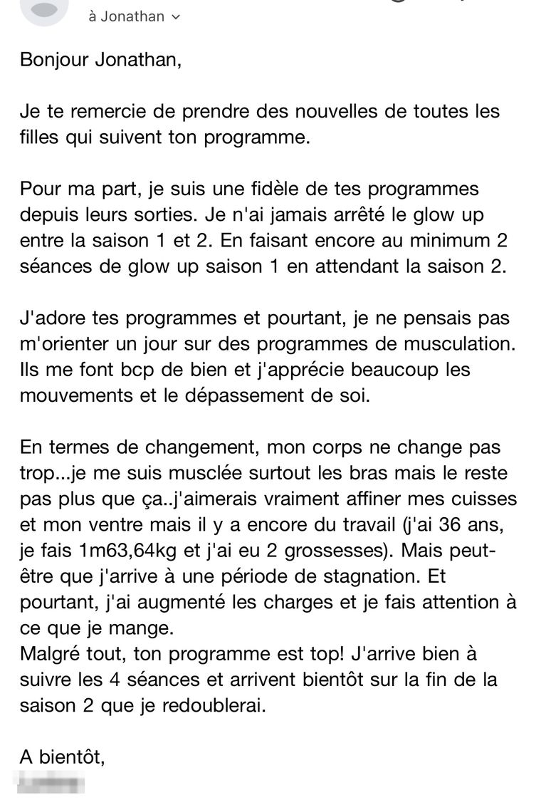 Message d’une membre Glow-Up Training, nom masqué