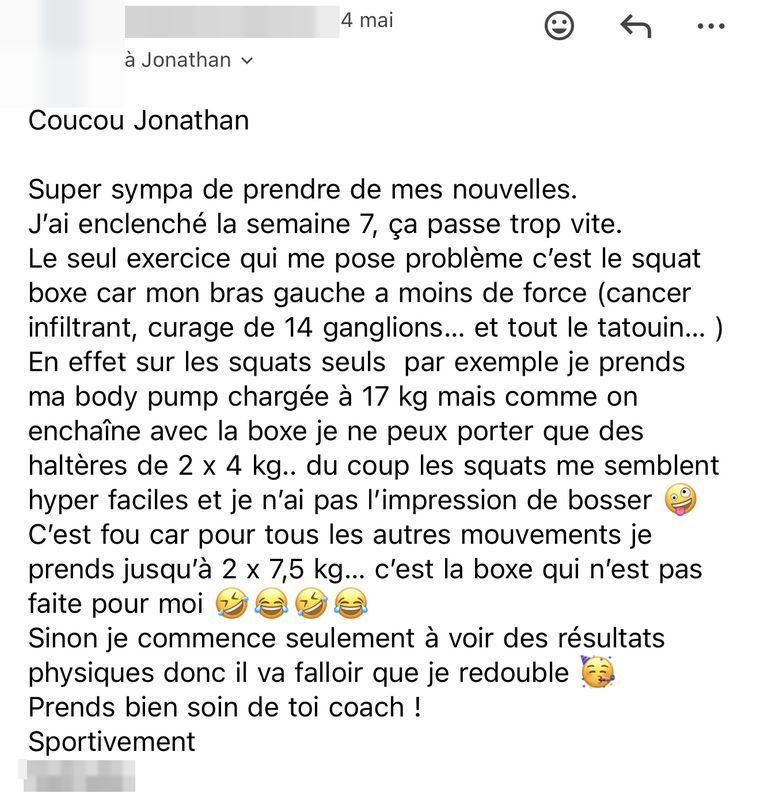Message d’une membre Glow-Up Training, nom masqué