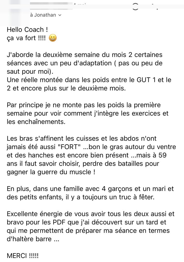 Message d’une membre Glow-Up Training, nom masqué