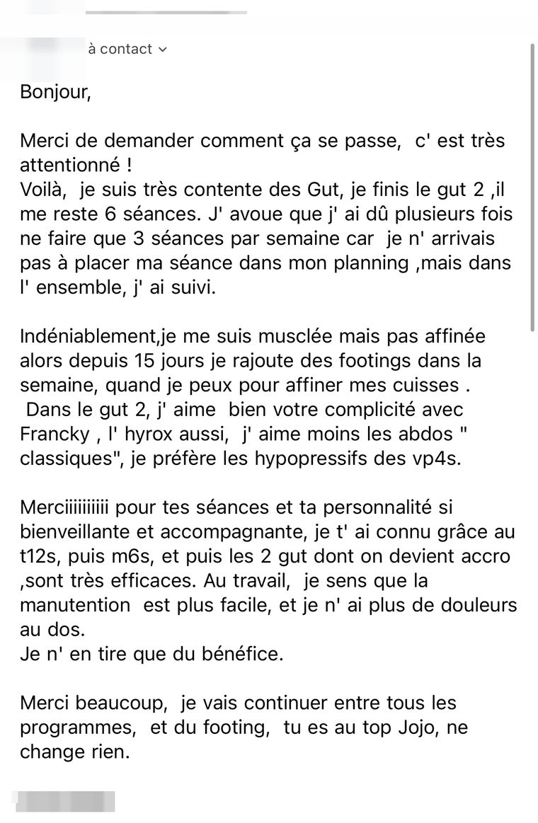 Message d’une membre Glow-Up Training, nom masqué