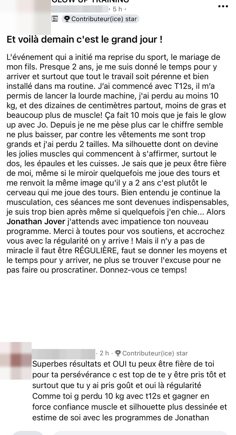 Message d’une membre Glow-Up Training, nom masqué
