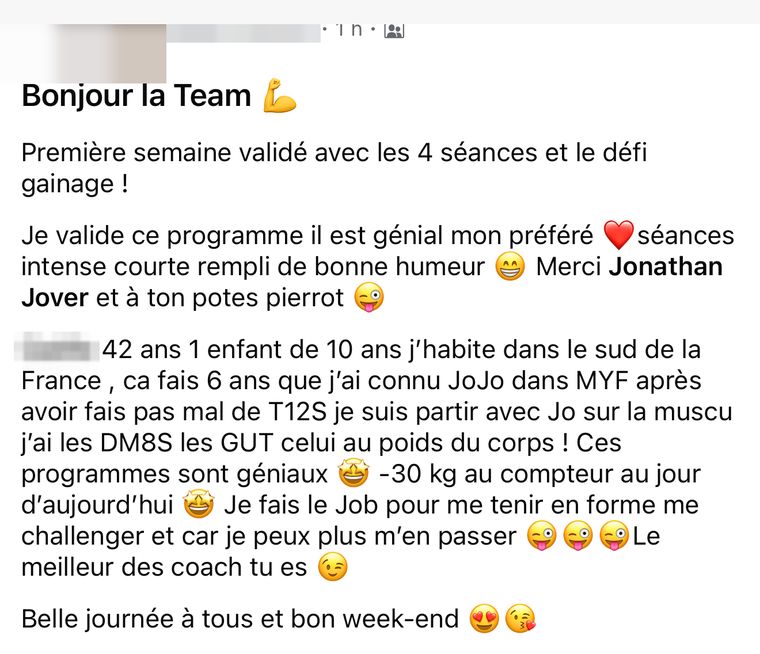 Message d’une membre Stronger HIIT, nom masqué