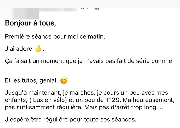 Message d’une membre Stronger HIIT, nom masqué