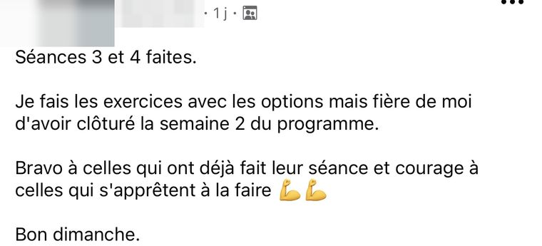 Message d’une membre Stronger HIIT, nom masqué