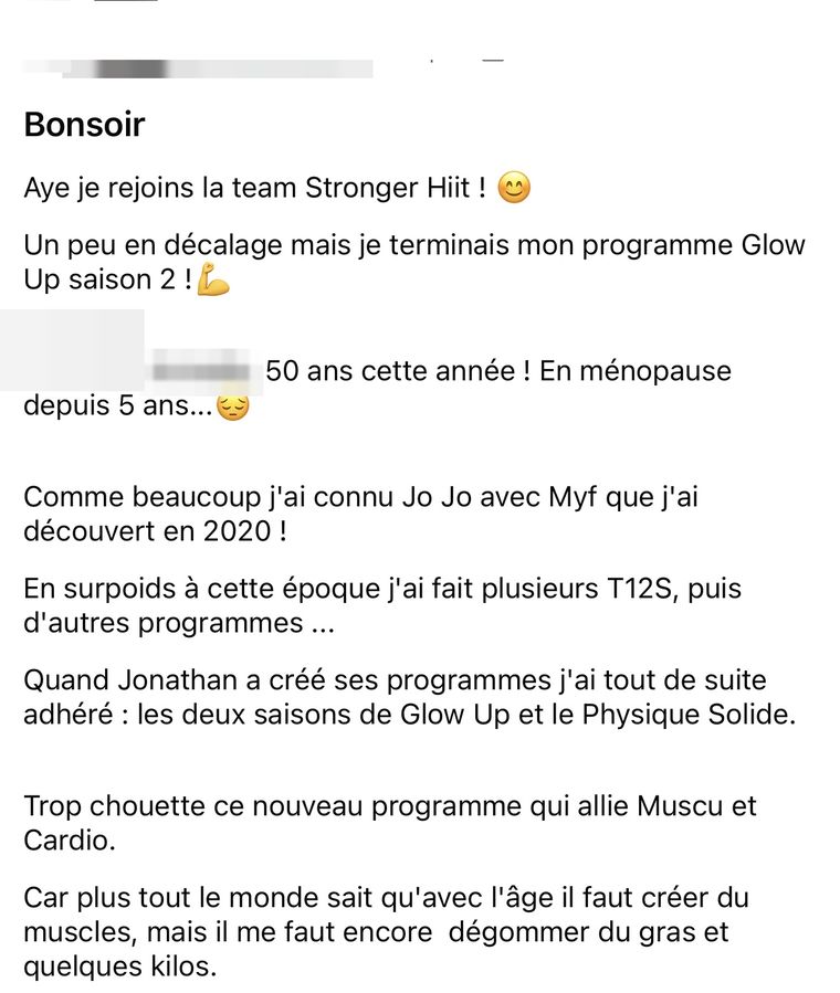 Message d’une membre Stronger HIIT, nom masqué