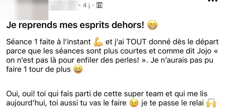 Message d’une membre Stronger HIIT, nom masqué