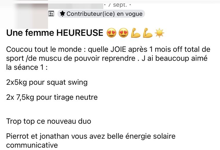 Message d’une membre Stronger HIIT, nom masqué