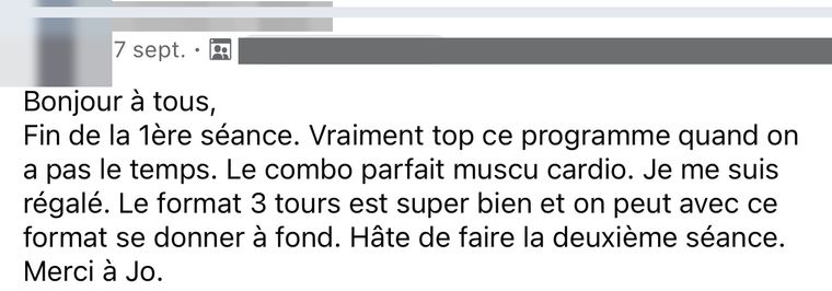 Message d’une membre Stronger HIIT, nom masqué