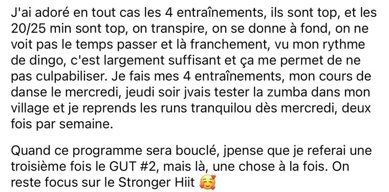Message d’une membre Stronger HIIT, nom masqué