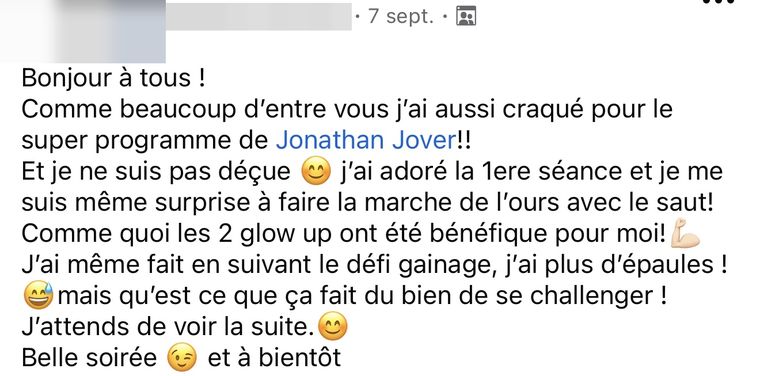Message d’une membre Stronger HIIT, nom masqué
